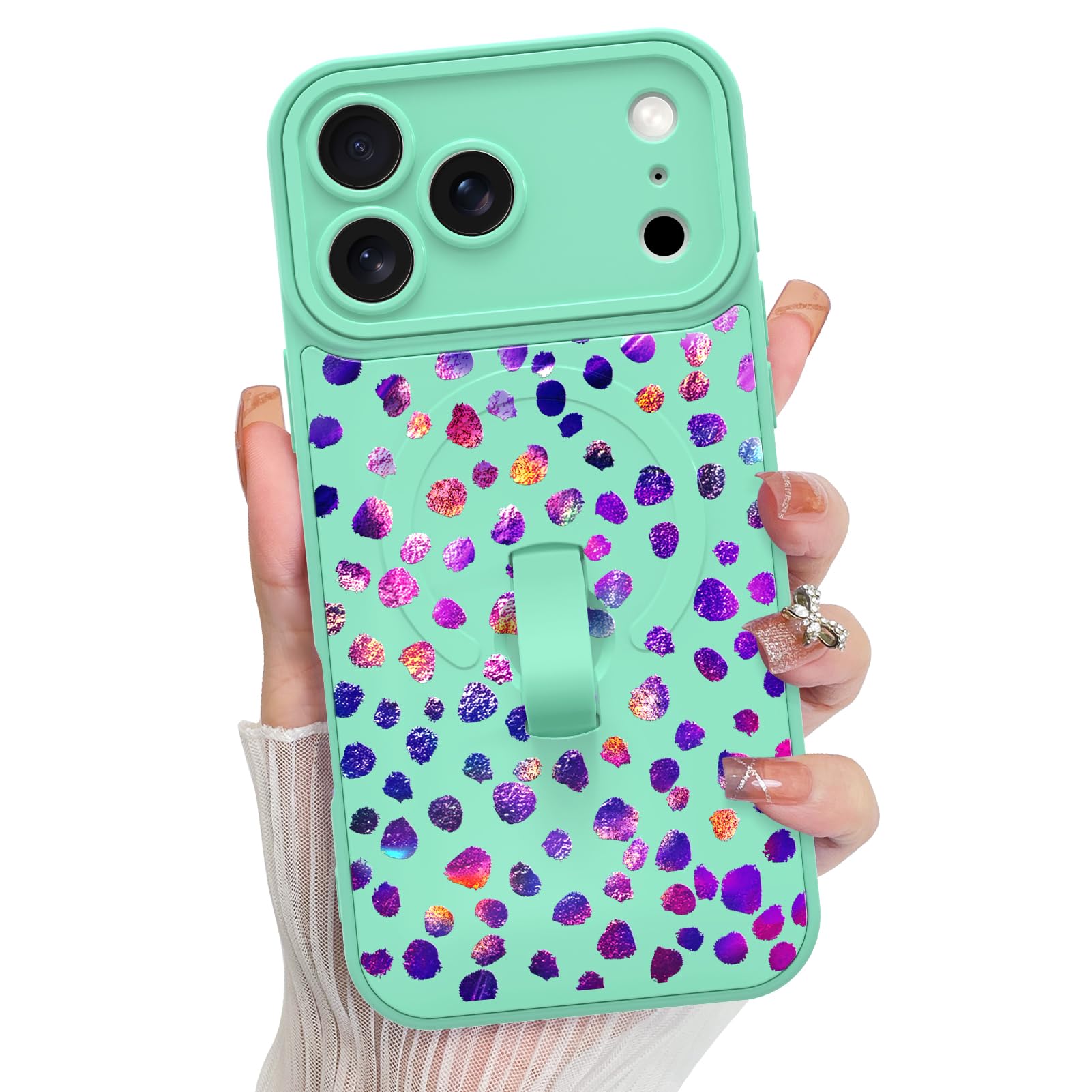 Coque iPhone 17 Pro Max léopard irisé vert avec support béquille et bracelet - 8