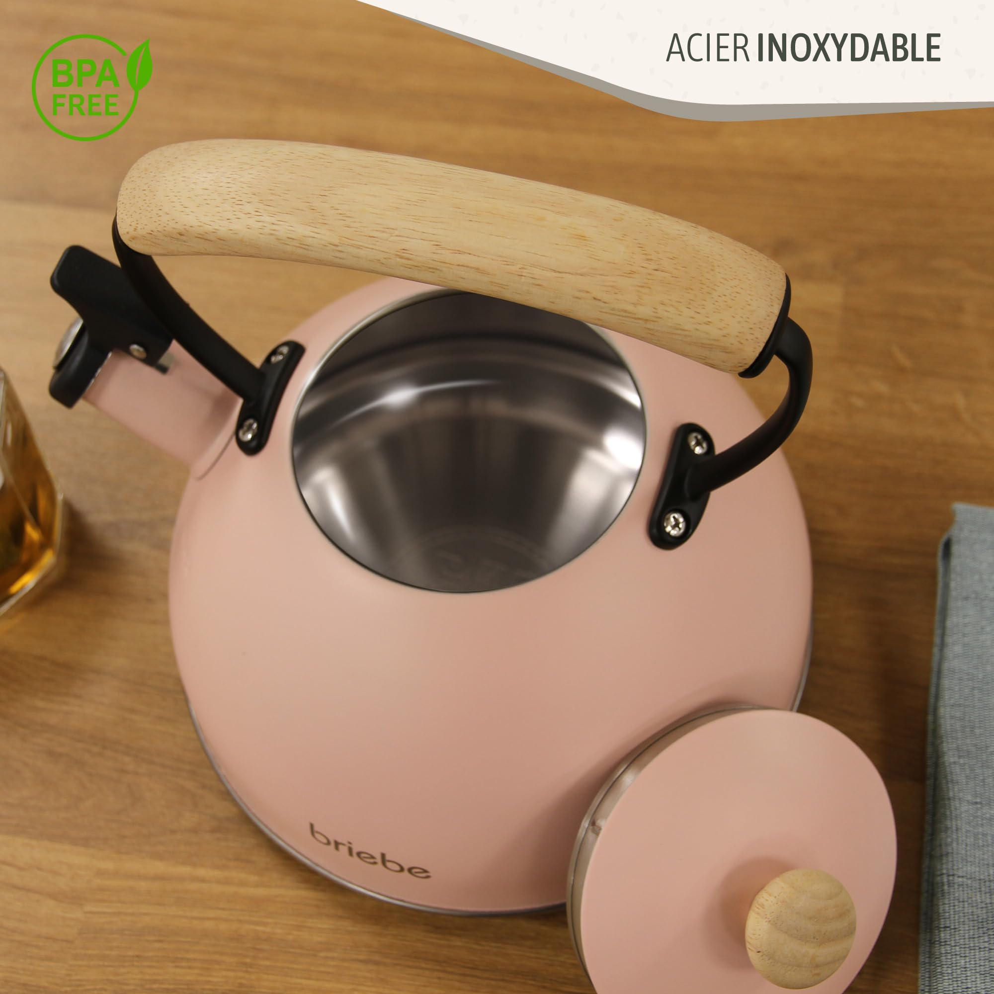 briebe Retro Bouilloire Induction Sifflante 2,3L, Acier Inoxydable, Tout Feux: Plaque Vitrocéramique, Gaz, Électrique, Poignée en Bois Cool Touch, Vintage, Pour Thé, Café, Tea Pot, Rose