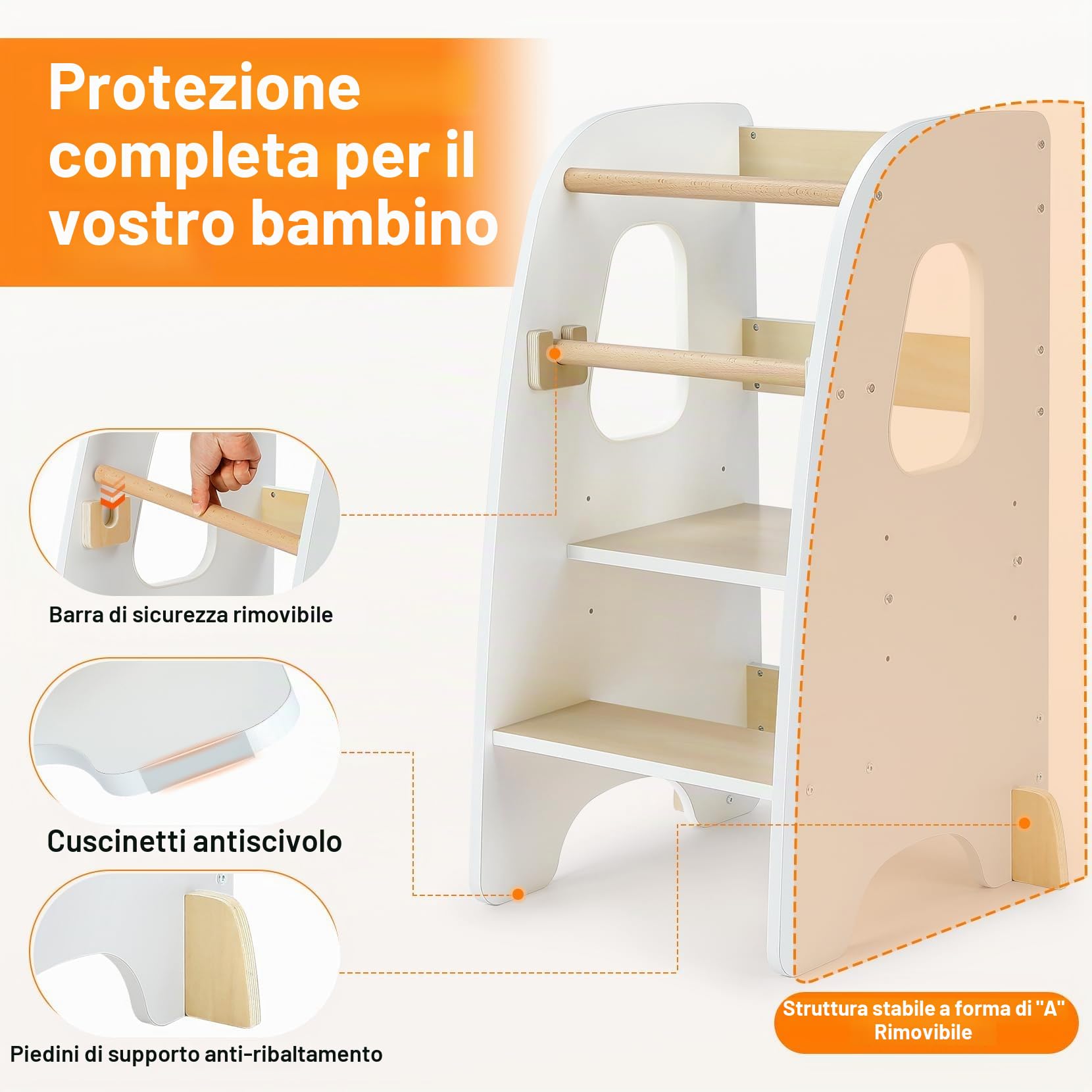 Torre Montessoriana Learning Tower Sicura Altezze Regolabili Doppia Barra Protezione Antiscivolo Anti-Ribaltamento Bianco