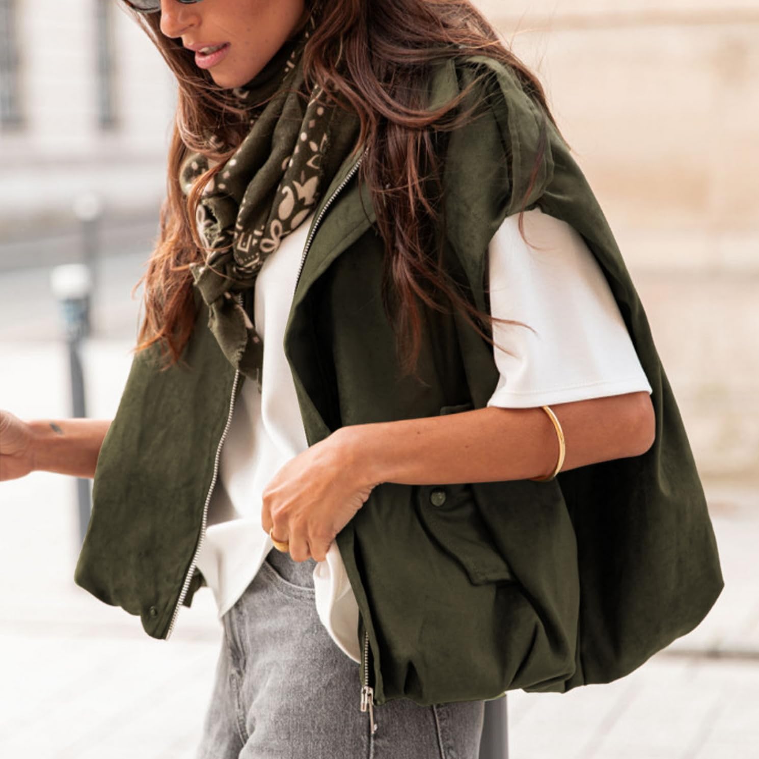 Womens Faux Suede Vest Oversized Cap Sleeve Bomber Jackets Casual Lapel Collar Vest Coats Streetwear Outfits - Image 3