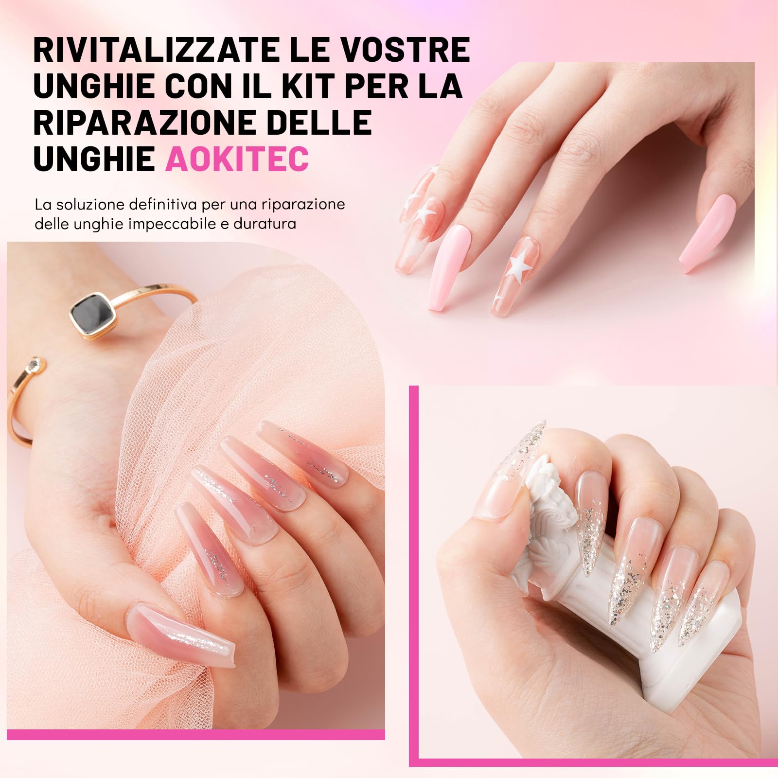 Aokitec 28g Dip Build Powder Kit con Colla Riparazione Unghie - Kit di Riparazione Unghie per Unghie Naturali Rotte Trattamento Rinforzante Unghie per Danneggiate Cracked Split Debole Cura Unghie