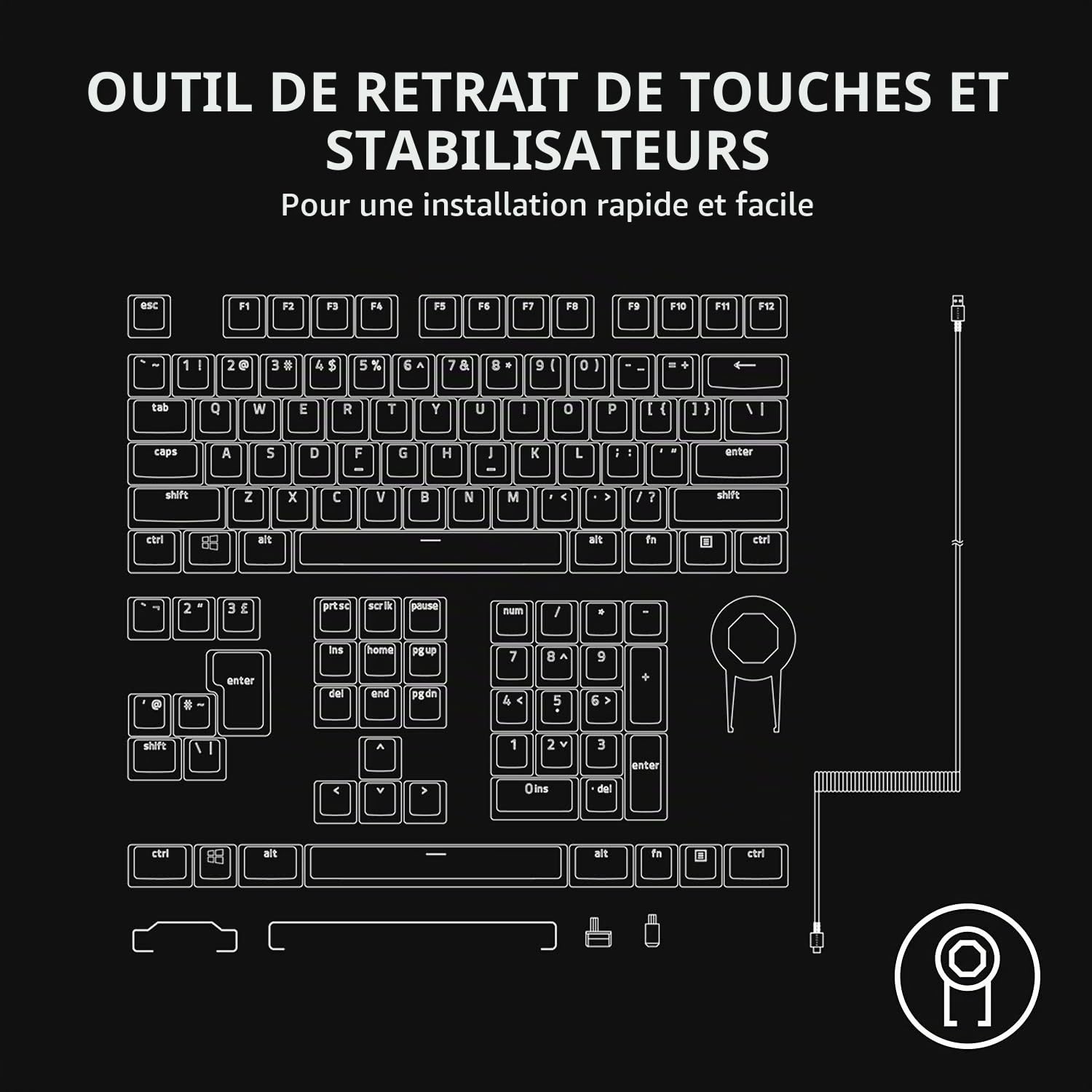 Razer Upgrade-Set avec capuchons de touches PBT + câble spiralé (120 touches PBT Doubleshot, câble USB-C vers USB-A, câble en fibre tressée) US Layout | Quartz