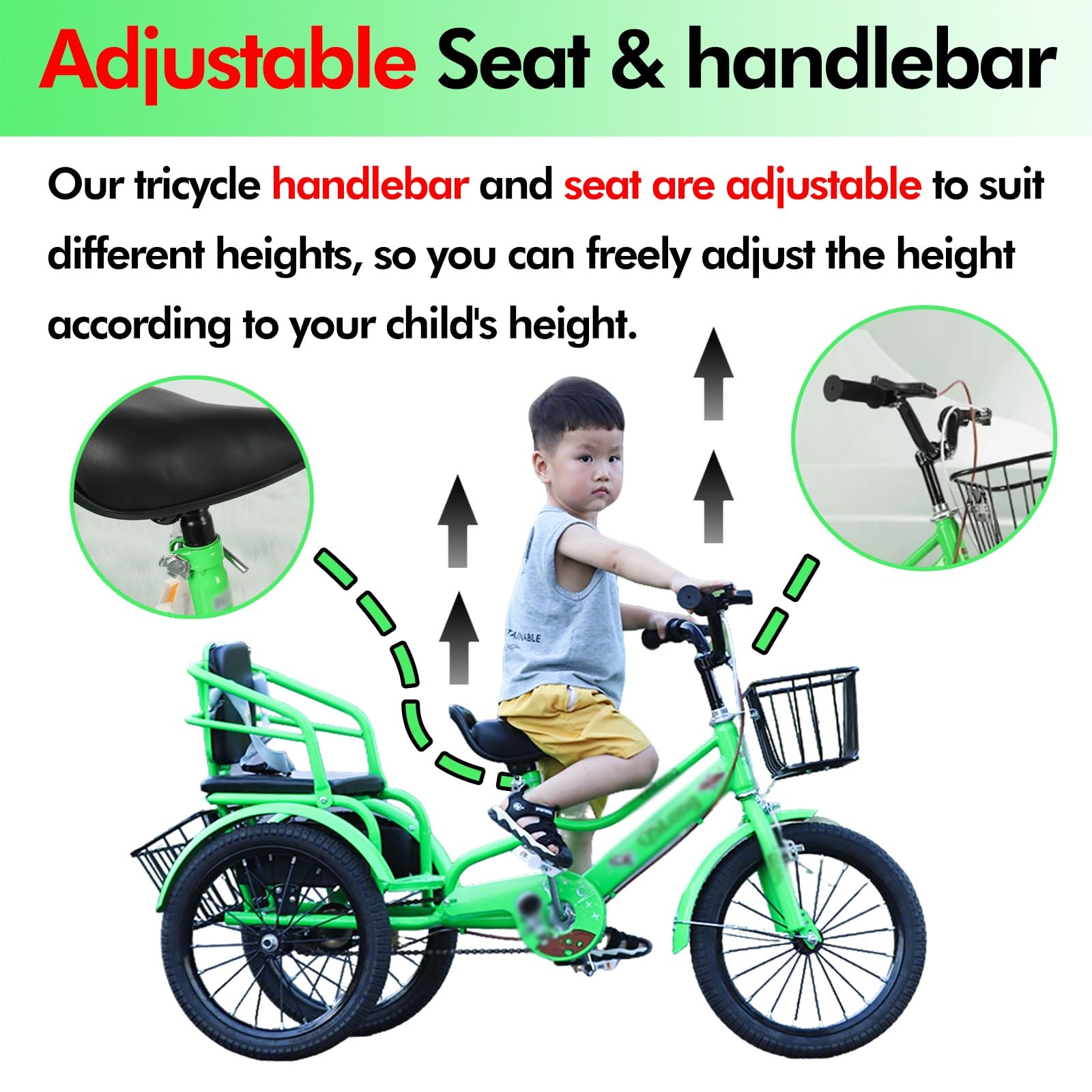Adulti Tricicli for adulti Bici a tre ruote per bambini, per ciclismo/gite/picnic, bicicletta pieghevole a due posti con cintura di sicurezza/cestini anteriori e posteriori, triciclo(Red,20in)