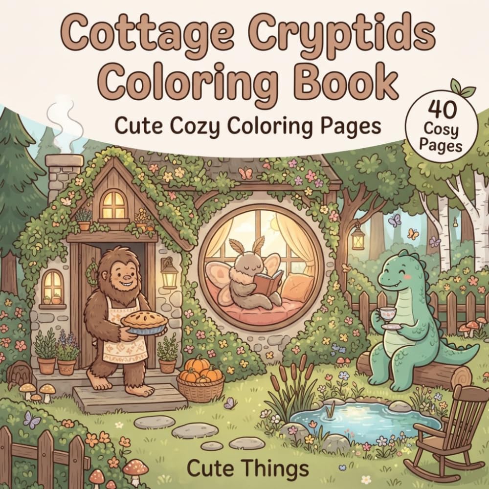 Cottage Cryptids Coloring Book: Cute Cozy Coloring Pages of Bigfoot, Mothman, Lake Monsters, and Forest Friends