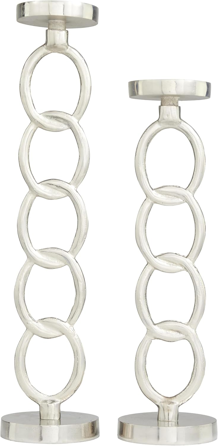Deco 79 Aluminum Metal Geometric Decorative Candle Holder Candle Stand, Set of 2 Candlestick Holder 23", 19" H, Silver