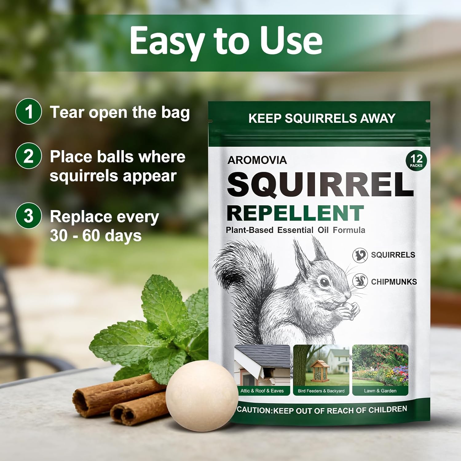 Squirrel Repellent Outdoor Powerful Peppermint Oil Squirrel Repellent Balls, 12-Pack Chipmunk Repellent Peppermint Balls for Outdoor, Pet Safe Formula Squirrel Deterrents for Garden, Yard, Patio