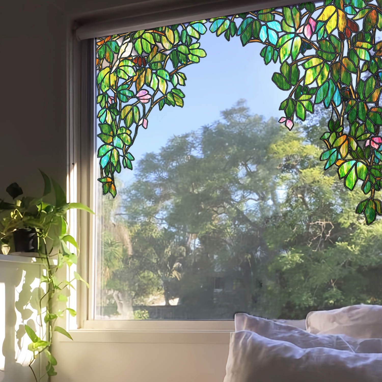 Autumn Hydrangea Floral Stained Privacy Window Sticker, Non Adhesive