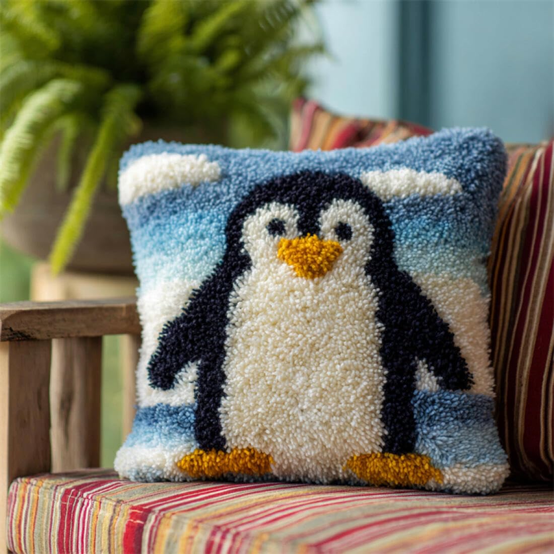 Kitquiver Animal Latch Hook Cushion Kits Cartoon Penguin Cushion Pillow Front Chunky Cross Stitch Kits DIY Embroidery Needlepoint Kit for Home Décor 17x17In