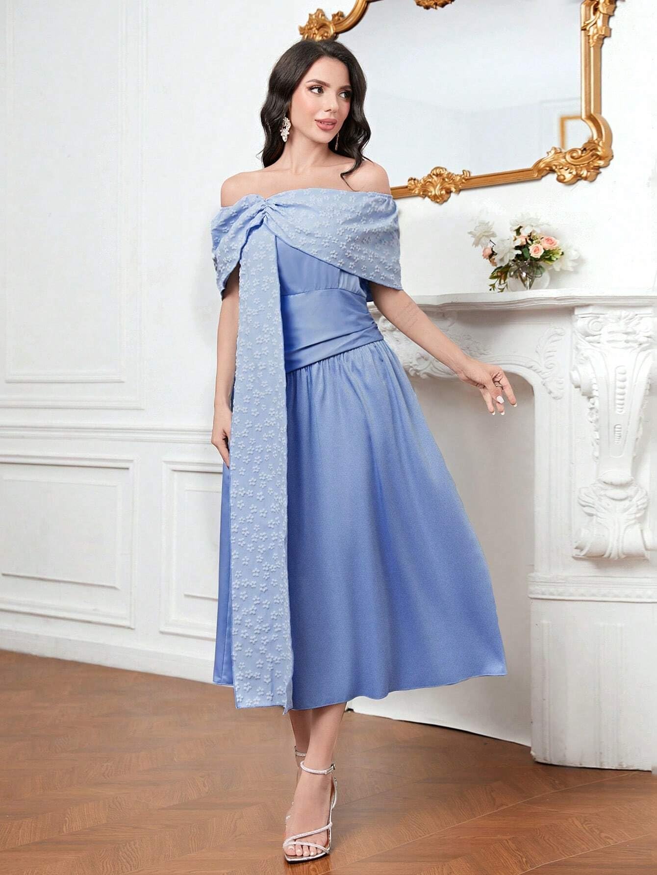 Amazon.com: Neeno Women's Dresses Off Shoulder Draped Front Dress for Women  | Elegant A Line Dress | Blue Dress for Women (Color : Blue, Size : Medium)  : Clothing, Shoes & Jewelry