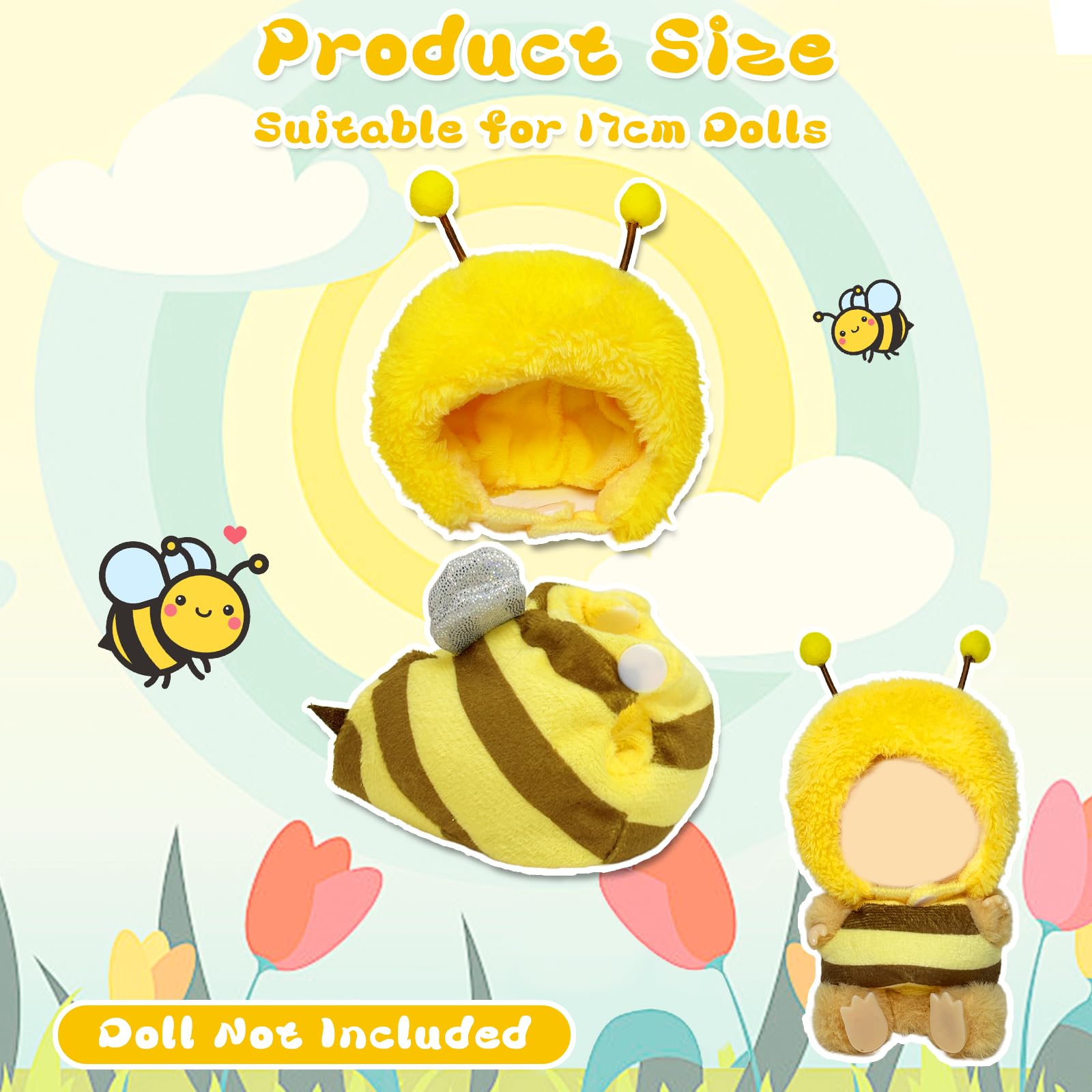 Xerteam 3 Pcs Cute 17cm Doll Clothes, Sweet Bee Plush Doll Clothes with Bee Headcover Jumpsuit Love Bag - Image 2