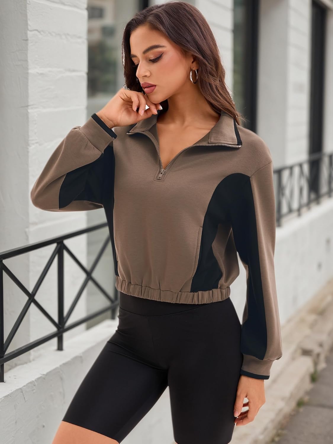 Womens Quarter Zip Pullover Cropped Sweatshirts Color Block Tops Workout Spring Fall Outfits with Pockets - Image 3