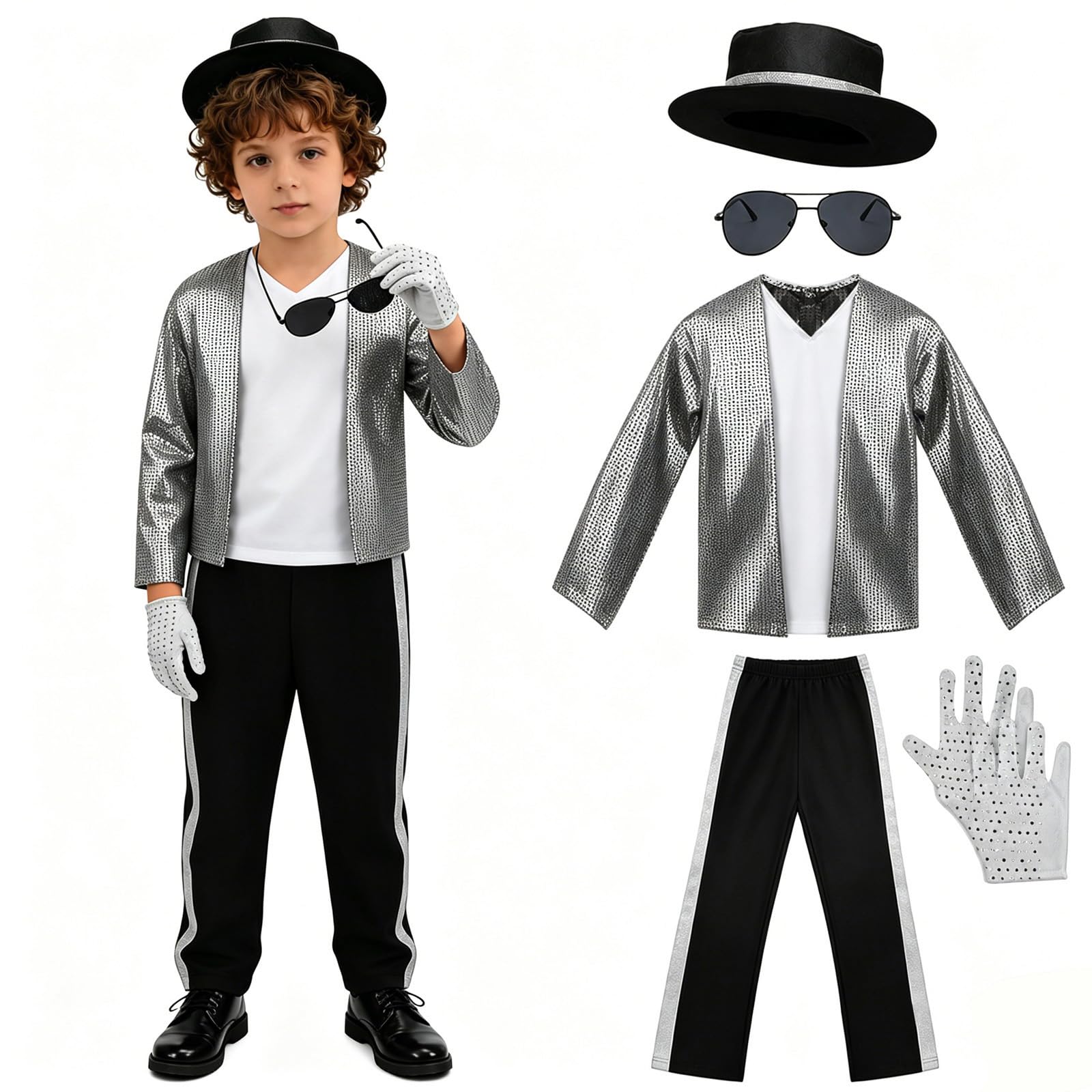 SINSEN Pop Star Costume for Kids 80s 90s Disco Outfit Sequin Jacket Pants Hat T-Shirt Gloves Sunglasses Necklace Fancy Dress Costume for Halloween Cosplay Party World Book Day 3-12 Years