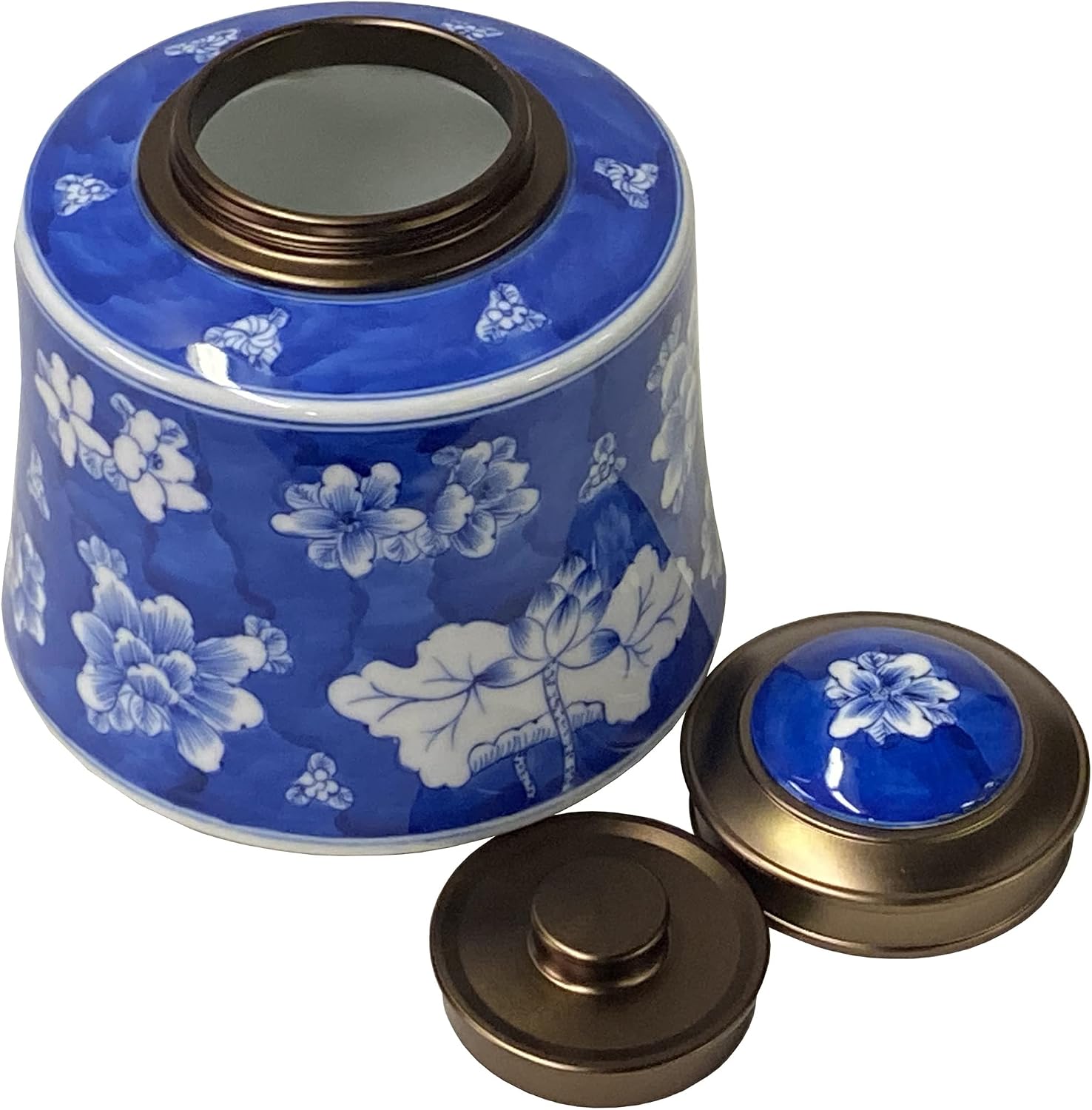 Oriental Handmade Blue White Porcelain Metal Lid Container Urn Aws1718