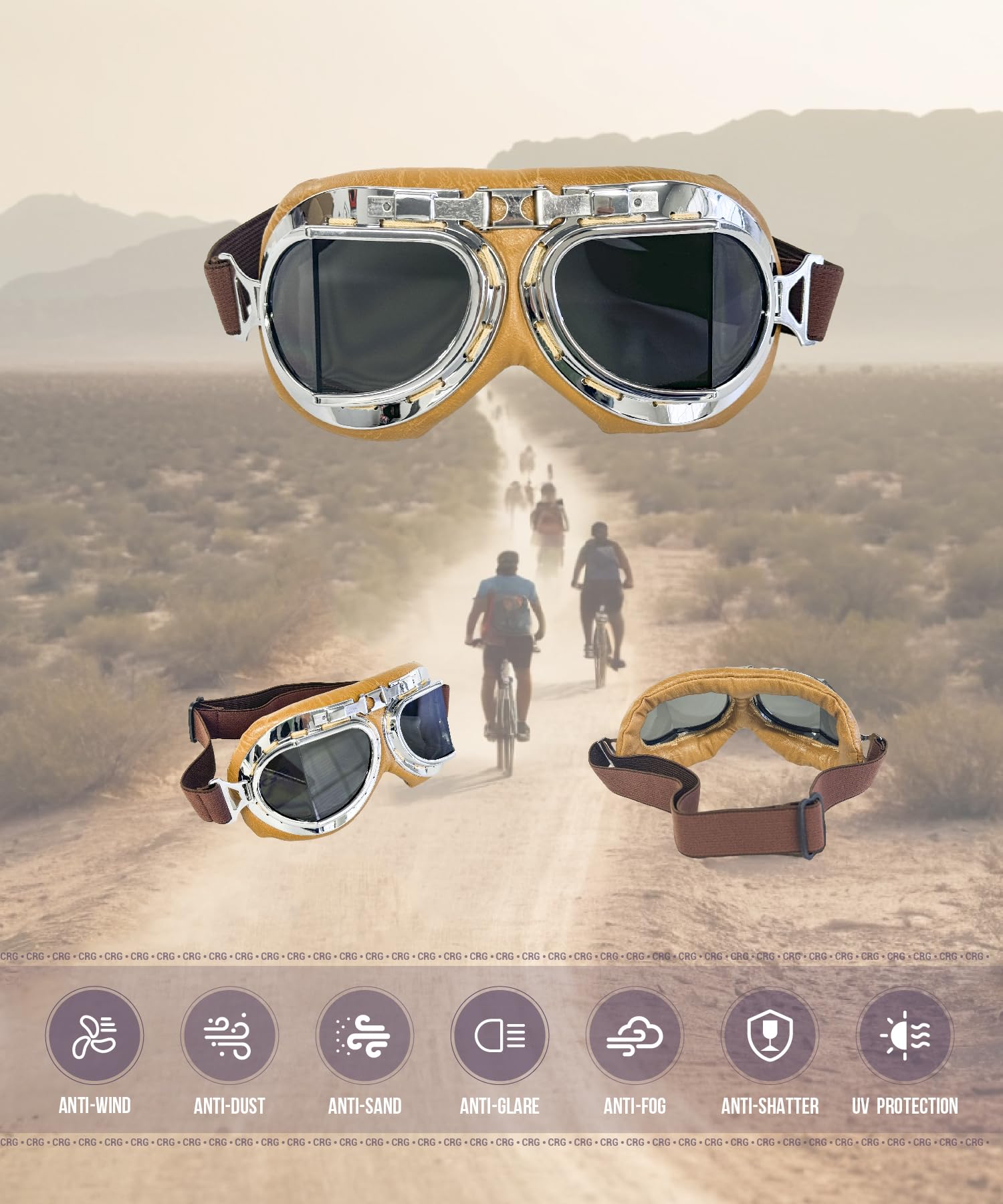 CRG Sports Vintage Aviator Pilot Style Moto Cruiser Scooter Goggle T08 T08STN Lente Fumo, telaio argento, imbottitura marrone