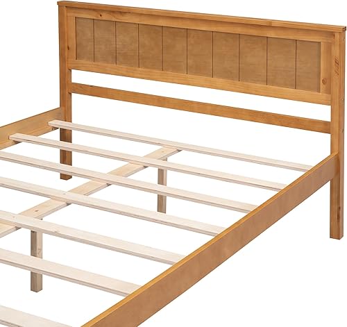 Miniatura 26 de P PURLOVE Base de cama de tamaño matrimonial, cama de plataforma de madera maciza con cabecero, no necesita somier, color blanco