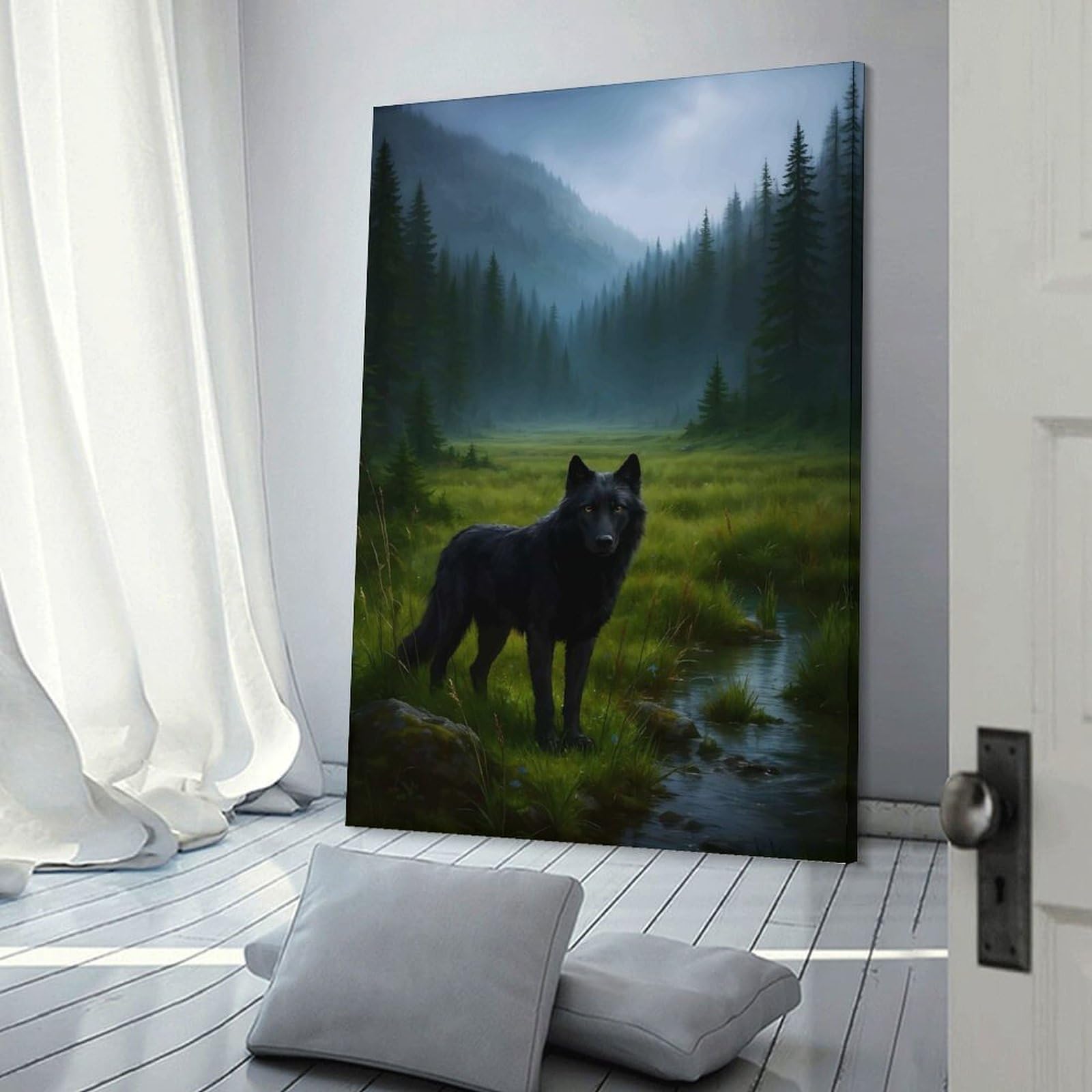 Junmoney Wall Picture Print Black Wolf in Misty Forest, 24x36inch(60x90cm), for Wall Displays, Bedrooms Or Room Updates, Wall Decor Suited to Curated Displays