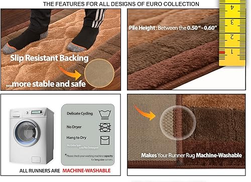 Miniatura 9 de Alfombra lavable de tamaño personalizado, diseño geométrico, cuadrados, color marrón, (5 pies de largo x 26 pulgadas de ancho), corte personalizado,