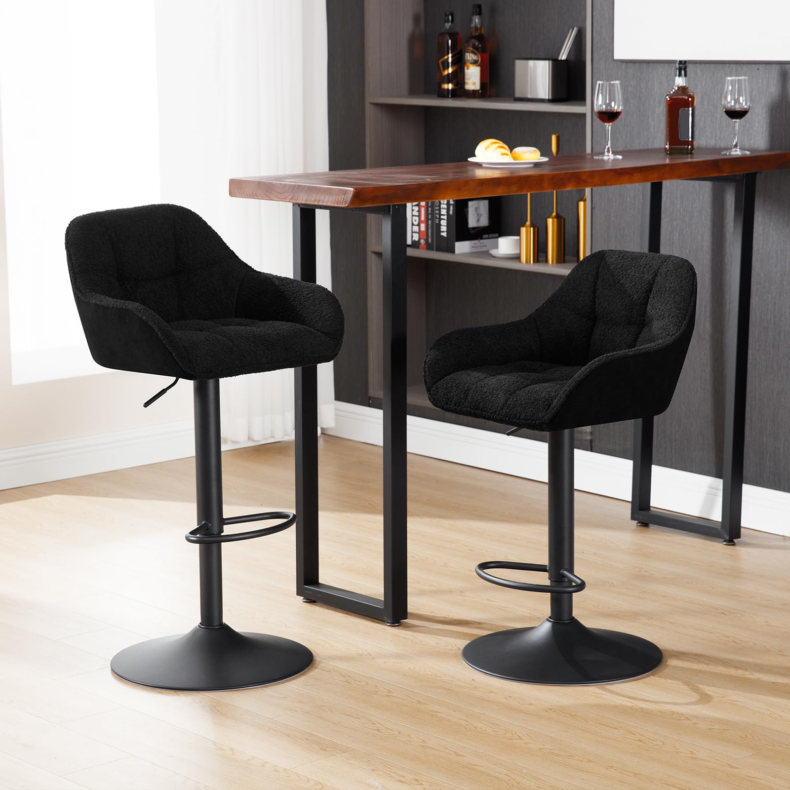WOLTU Tabouret de Bar, Lot de 2, Chaise de Bar, Réglable en Hauteur, Siège Rembourré Pivotant, avec Dossier, Repose-Pieds, Chenille+Velours Côtelé, Noir, BH400sz-2