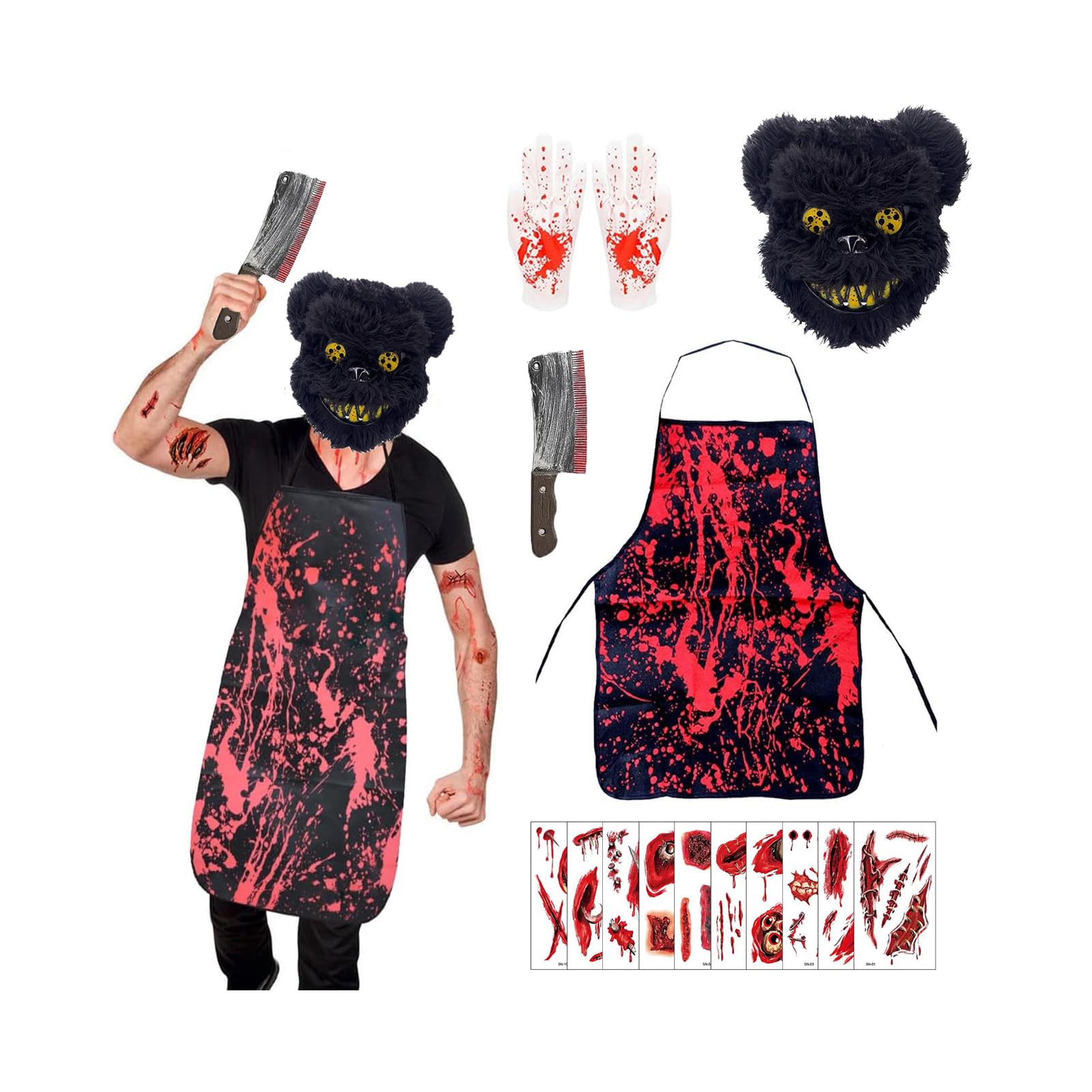 Gillterway Horror Bear Costume, Killer Costume, Scary Bear Mask, Apron Blood, Mens halloween Costumes Adult Scary