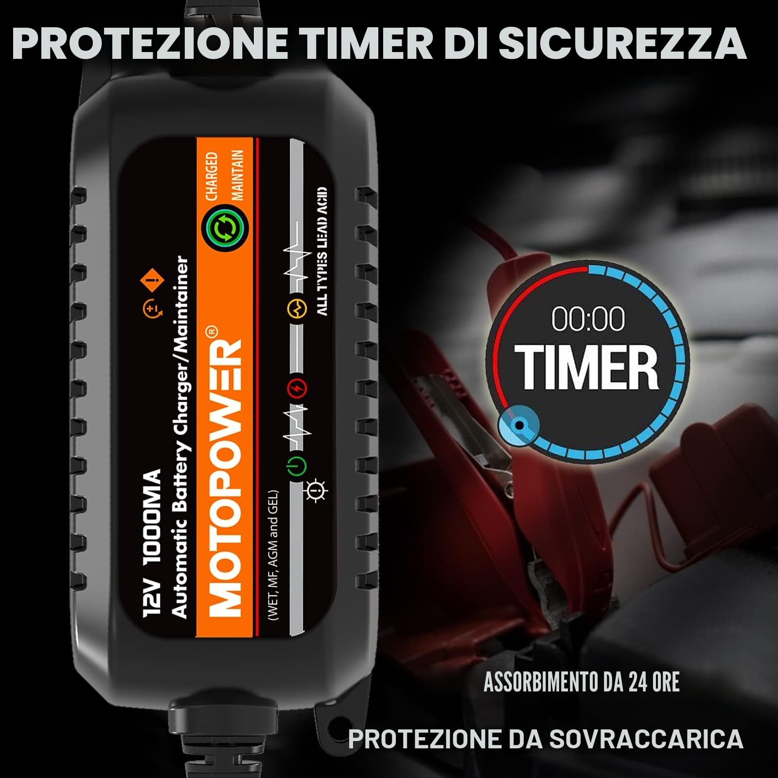 MOTOPOWER MP00205B 12V 1000mA Caricabatterie Automatico per Auto, Moto, ATV e Altro - Nero