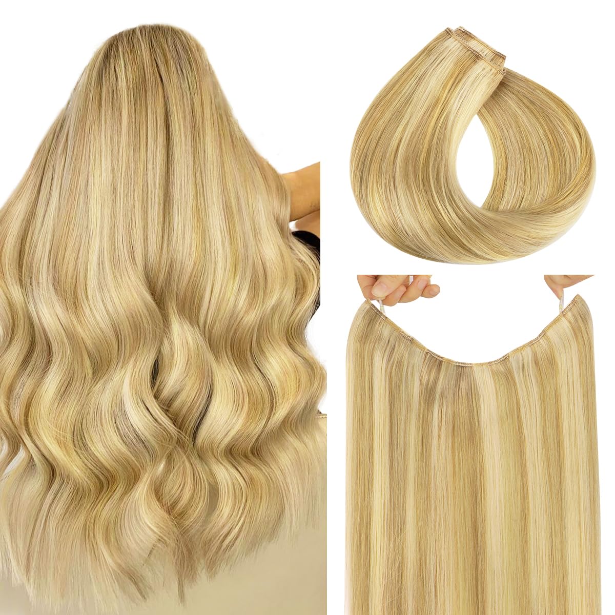 HOTBANANA Wire Hair Extensions 14 inch 75g Light Blonde Highlighted Golden Blonde Fish Line Real Human Hair Straight Invisible Remy Hair Extensions