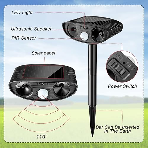 Miniatura 2 de Repelente ultrasónico de animales con energía solar, repelente de animales activado por movimiento, sensor de movimiento disuasorio de animales al