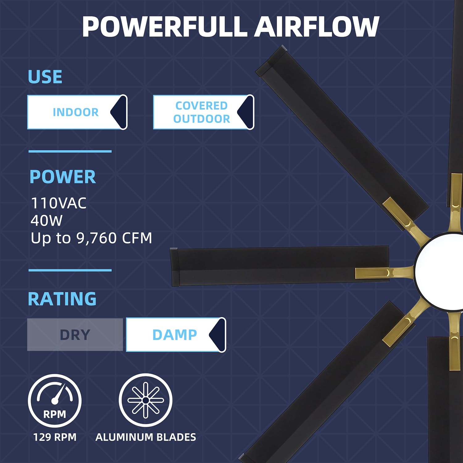 72'' Black and Brass 8-Blade Modern Ceiling Fan with LED Light