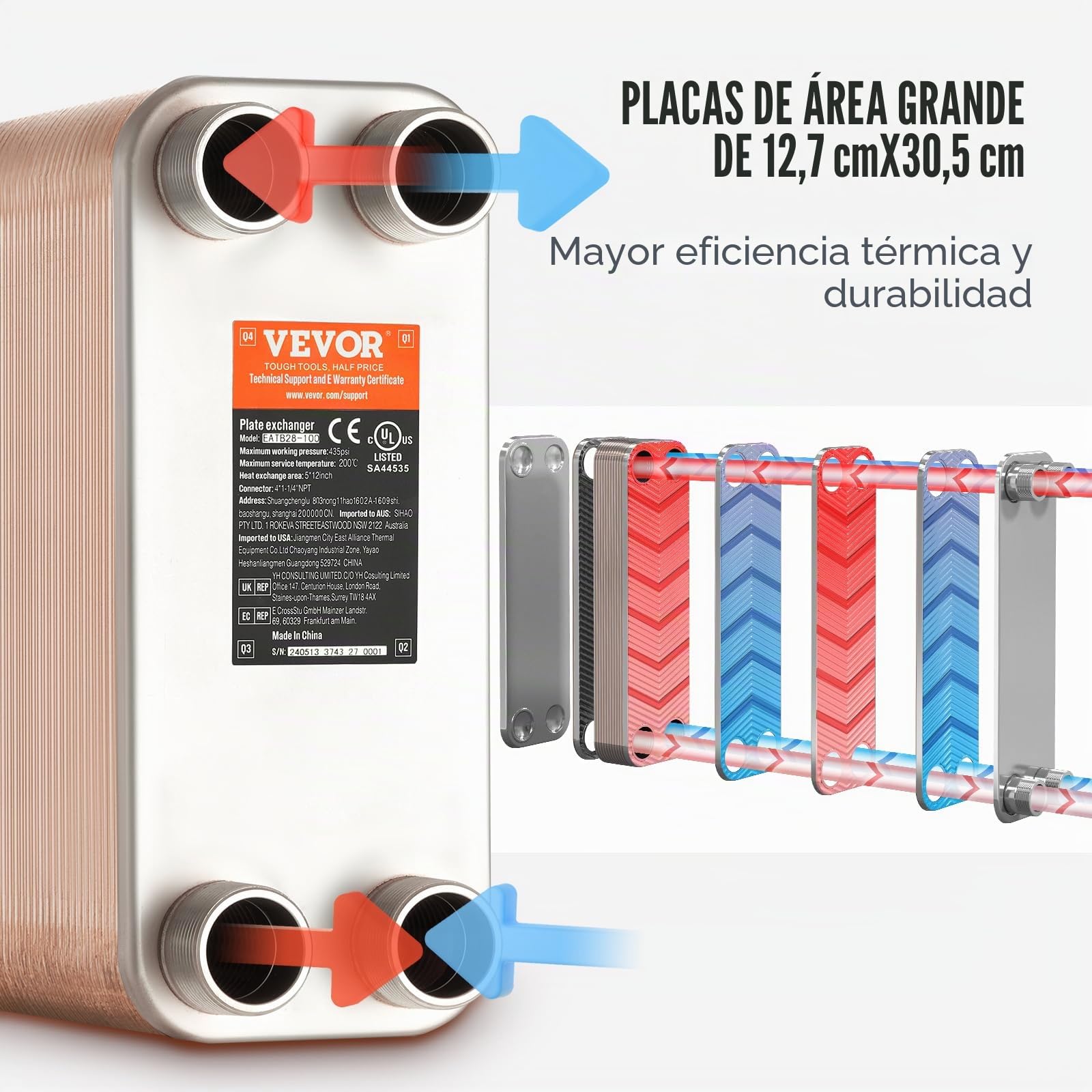 VEVOR Intercambiador de Calor, 80 Placas Soldadas, Cobre/Acero Inoxidable 316 L Agua a Agua para Calefacción por Suelo, Derretimiento de Nieve, Enfriamiento de Cerveza, 301 x 126 x 225 mm, Cobre