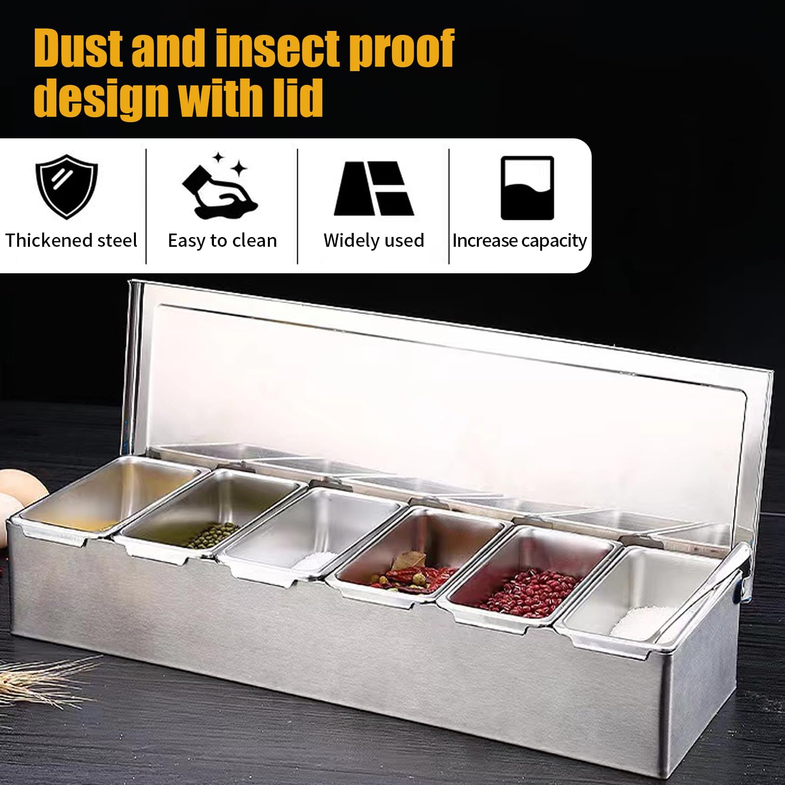 Contenitori per condimenti in acciaio inossidabile con coperchio, scatola per spezie per condimenti, vassoi per ingredienti staccabili, contenitore riutilizzabile per servire e vassoio per