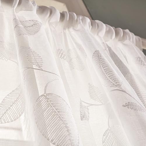 Miniatura 4 de Leeva Cortinas transparentes bordadas con hojas para cocina, 84 pulgadas de largo, elegantes cortinas de gasa con textura de lino natural, 2
