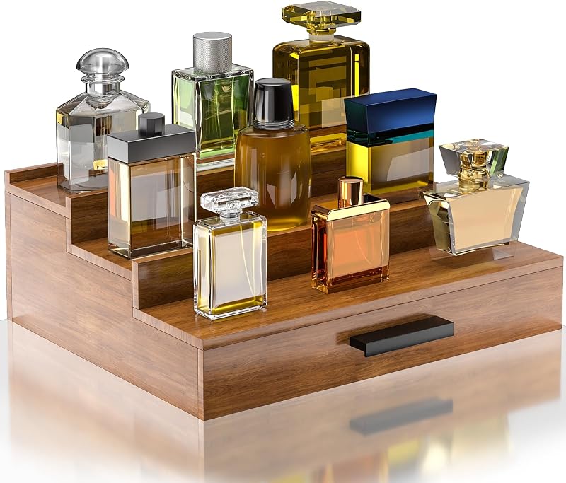 Organizador de perfumes Sueuapp em madeira de nogueira, 3 níveis, com compartimento oculto e gaveta