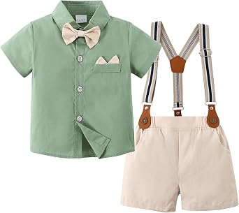 YUEMION Baby Boy Clothes Suits, Toddler Summer Formal Short Shirt+ Bowtie+ Suspender Shorts Gentleman Wedding Outfit12M-5T