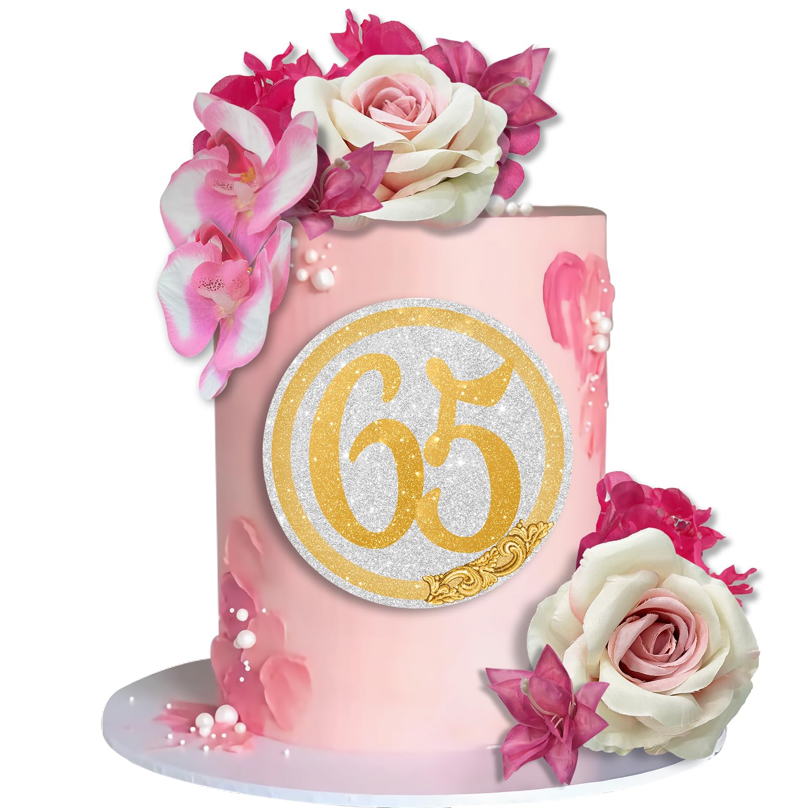 J-CakePink-65 9 PCS Pink Flower Cake Topper Happy 65th Birthday Cake Decorations Set with Artificial Pink Rose Decor for 65th Birthday Anniversary Party Wedding Supplies