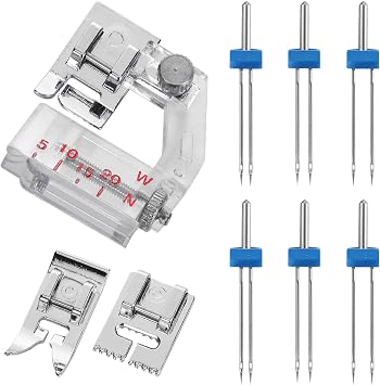 9 Pack Twin Needles for Sewing Machine Set, Stainless Steel Double Needle Sewing Machine Feet Accessories with Adjustable Hemming Foot, Universal Metal Presser Foot, 9 Groove Pin Tuck Presser Foot