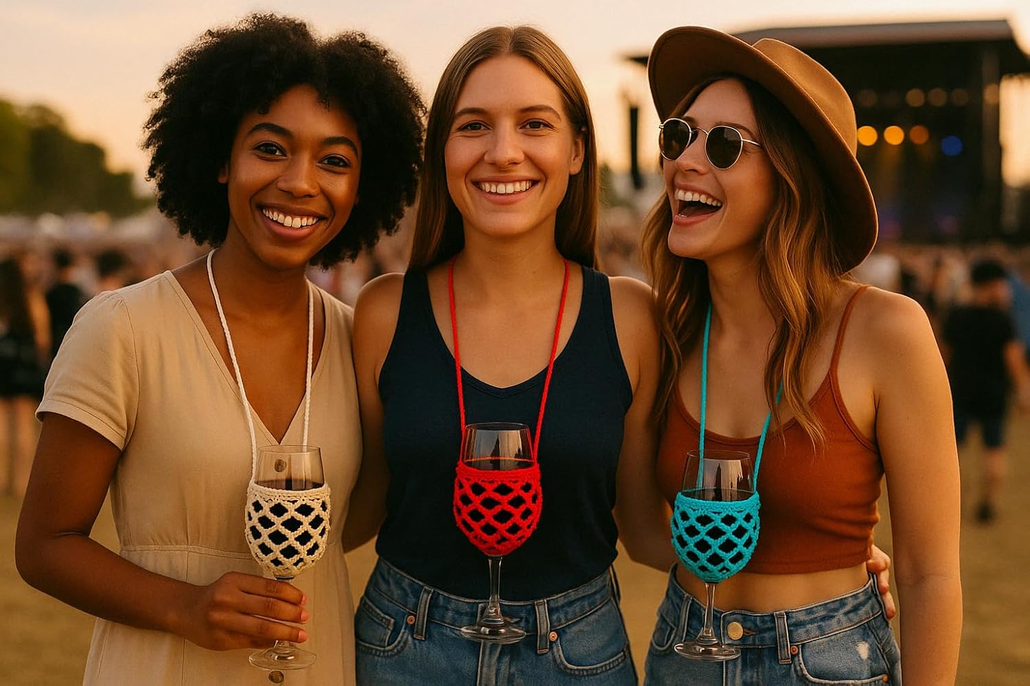 3 Pack Crochet Wine Lanyard Holder | Wine Festival Lovers Gifts (Black)