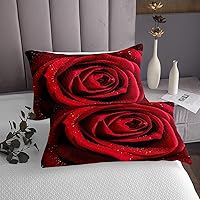 Vista 4 de Juego de colcha de rosas tamaño Queen, romántico juego de edredón floral de rosas rojas para niñas y mujeres, ropa de cama de rosa 3D con gota