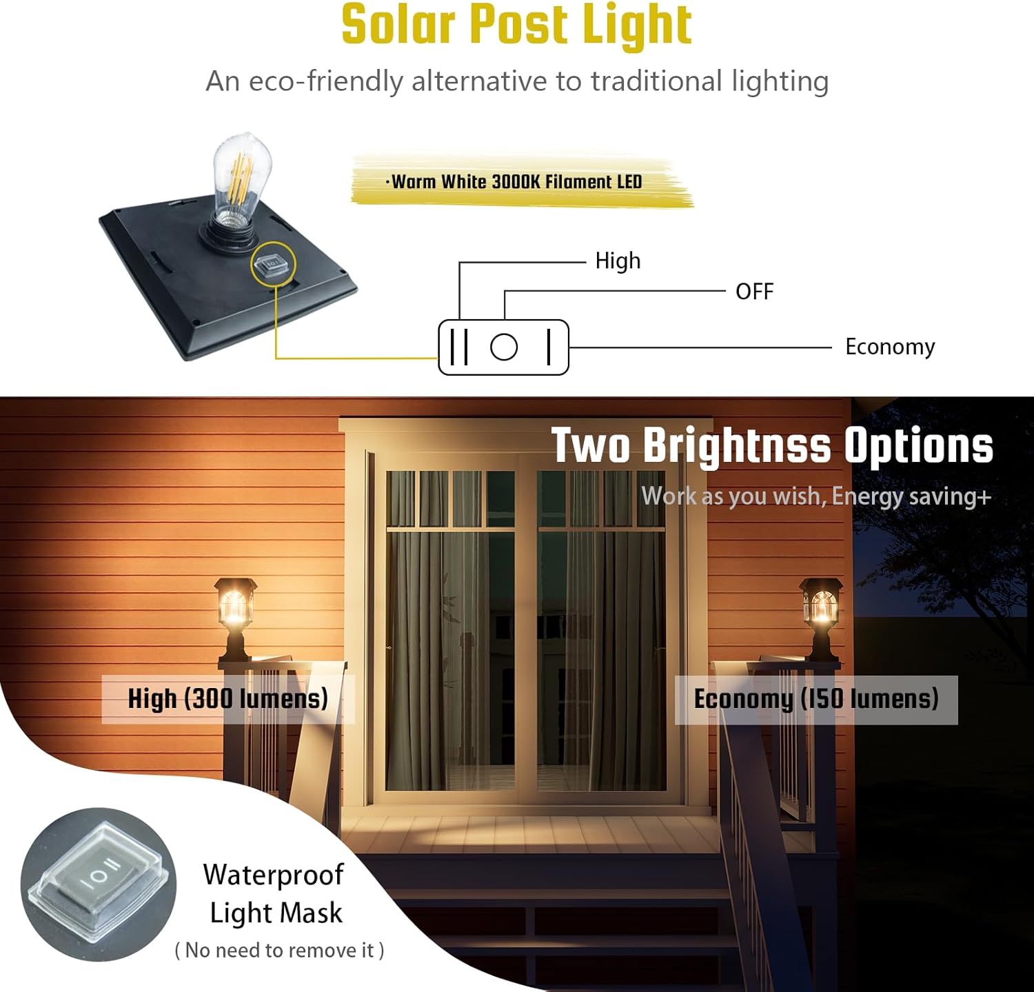 300 Lumens Solar Post Light - Dual Brightness (300LM/150LM), 3000K Warm White, IP65 Waterproof, Fits 3" Poles or with Base for Pier Mount | Modern Arch Design in Matte Black