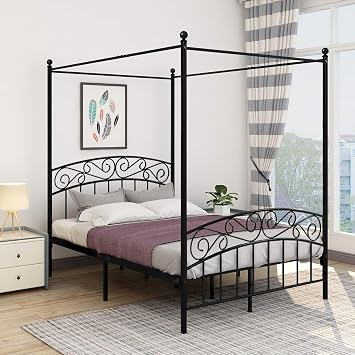 Metal Canopy Bed Frame Full Size with Ornate European Style Headboard & Footboard Sturdy Black Steel Holds 660lbs Perfectly Fits Your Mattress Easy DIY Assembly,Textured Black,Full