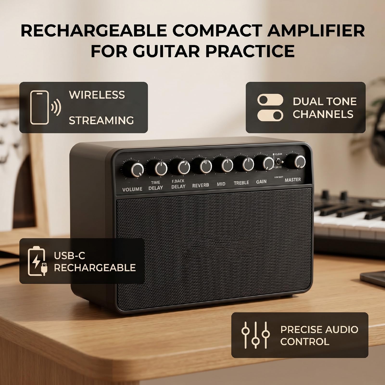 Pongnas Amplificatore per Chitarra Wireless Bluetooth, Mini Amplificatore Portatile con Batteria Ricaricabile USB C, Ingresso AUX, Jack per Cuffie per Prove Silenziose