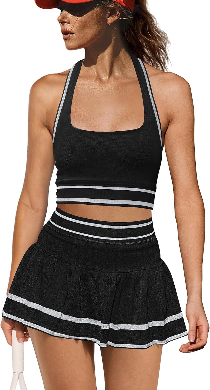 Panadila Women 2 Piece Tennis Skirt Sets Workout Set Sports Bra and Skort | Halter Bra,Golf Skort,Athletic Outfits,Matching Set,Built in Shorts,Golf Outfits,Pickleball,Gym,Supportive,Summer Set