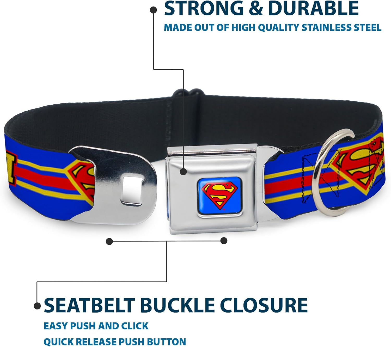 Buckle-Down Dog Collar Seatbelt Buckle Superman Shield Stripe Blue Yellow Red 16 to 23 Inches 1.5 Inch Wide, Multicolor, DC-WSM060-WM