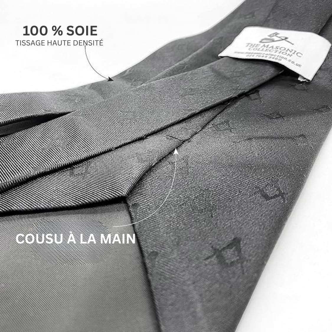 THE MASONIC COLLECTION Cravate noire homme carré et compas - Soie ou polyester - Fait main - Meilleur nœud et suspension - Cadeaux franc-maçons pour hommes