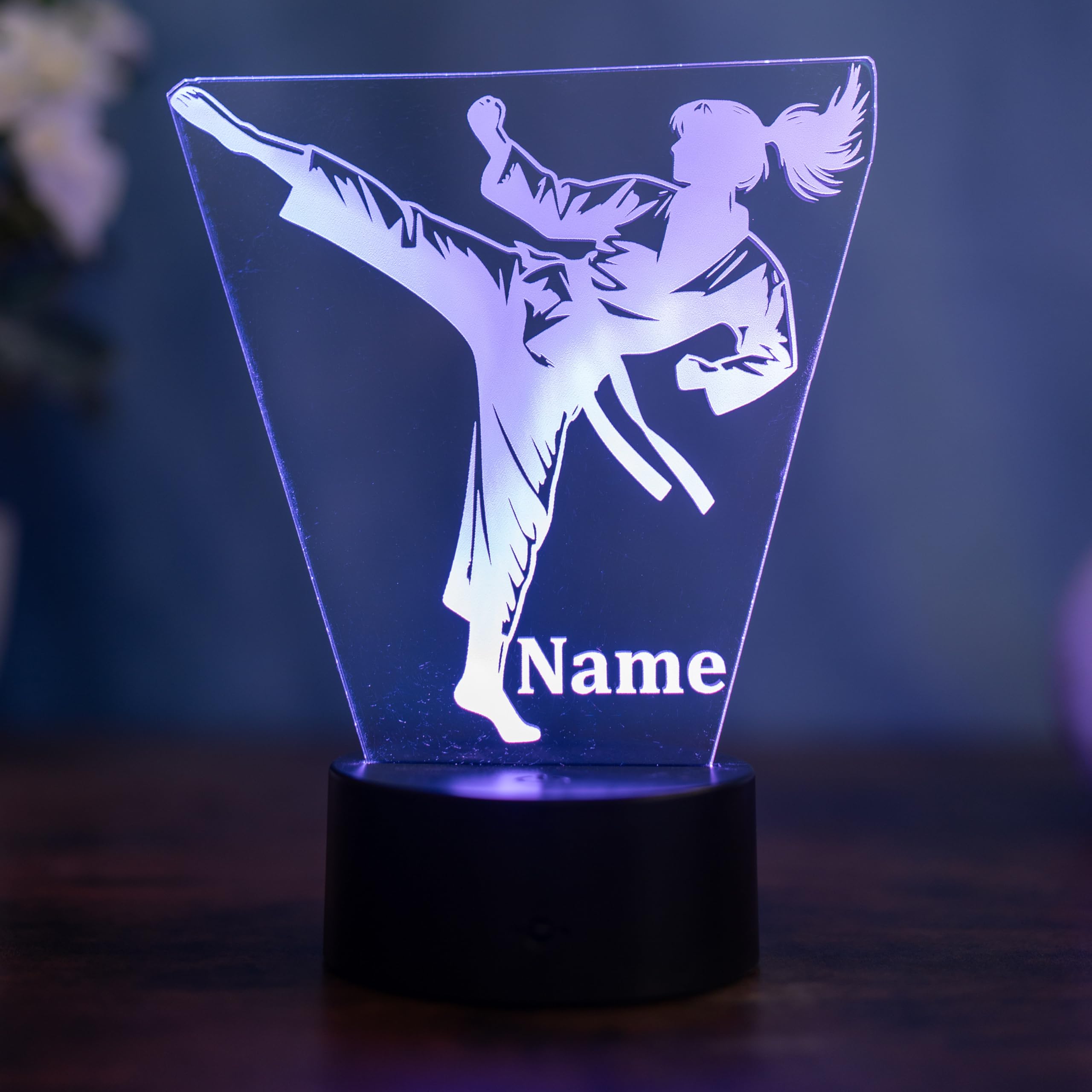 Lámpara LED de cristal acrílico para niña, diseño de karate, luz nocturna con nombre y cambio de color, decoración de artes marciales, cristal acrílico fabricado en Alemania