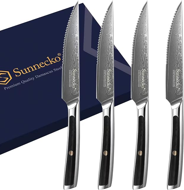 Sunnecko Damascus Steak Knife Set of 4, Serrated Knife with Damascus Knife VG-10 Damascus Steel Forged Blade, Steak Knives with G10 Handle Tableware Steak Cutlery Set