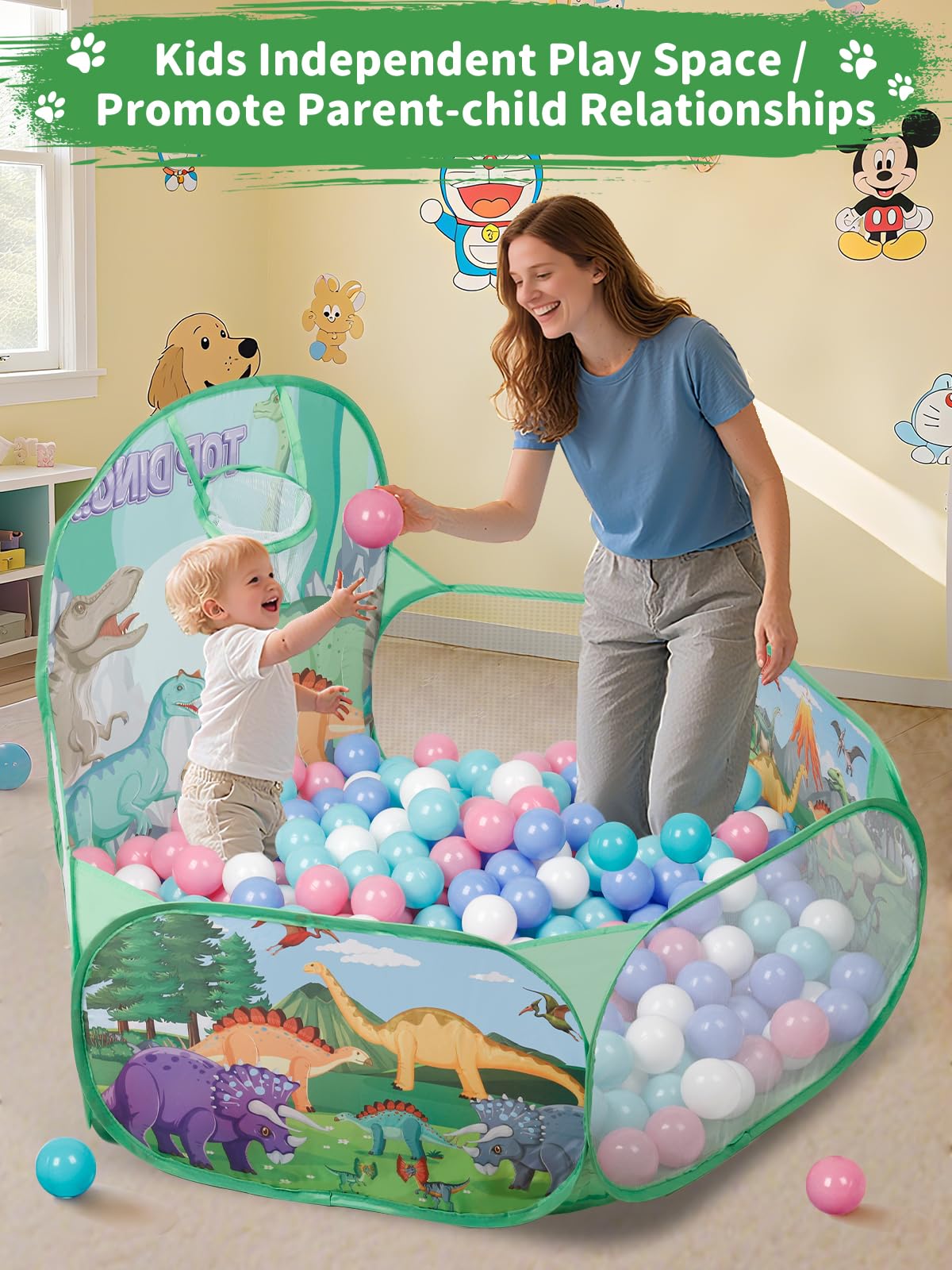 ZimiTeda Dinosaur Kids Ball Pit for Toddler with Basketball Hoop Foldable Pop-Up Baby Ball Pool for Girls Boys Indoor Outdoor Game Dog Ball Pit 120 cm Wide Plyahouse Tent (Balls NOT Included) - Image 2