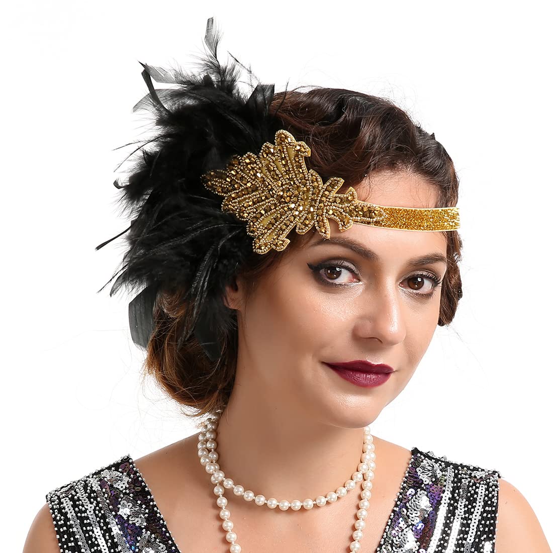 Bubbmi1920s Flapper Headband Peacock Feather Headpiece, Great Gatsby Headband Costume Accessories for Women Showgirl Parties
