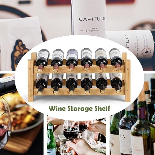 Vista 2 de HYNAWIN Estante de vino de bambú de 2 niveles, soporte de exhibición de vino de pie para almacenamiento de vino, soporte para botellas de vino