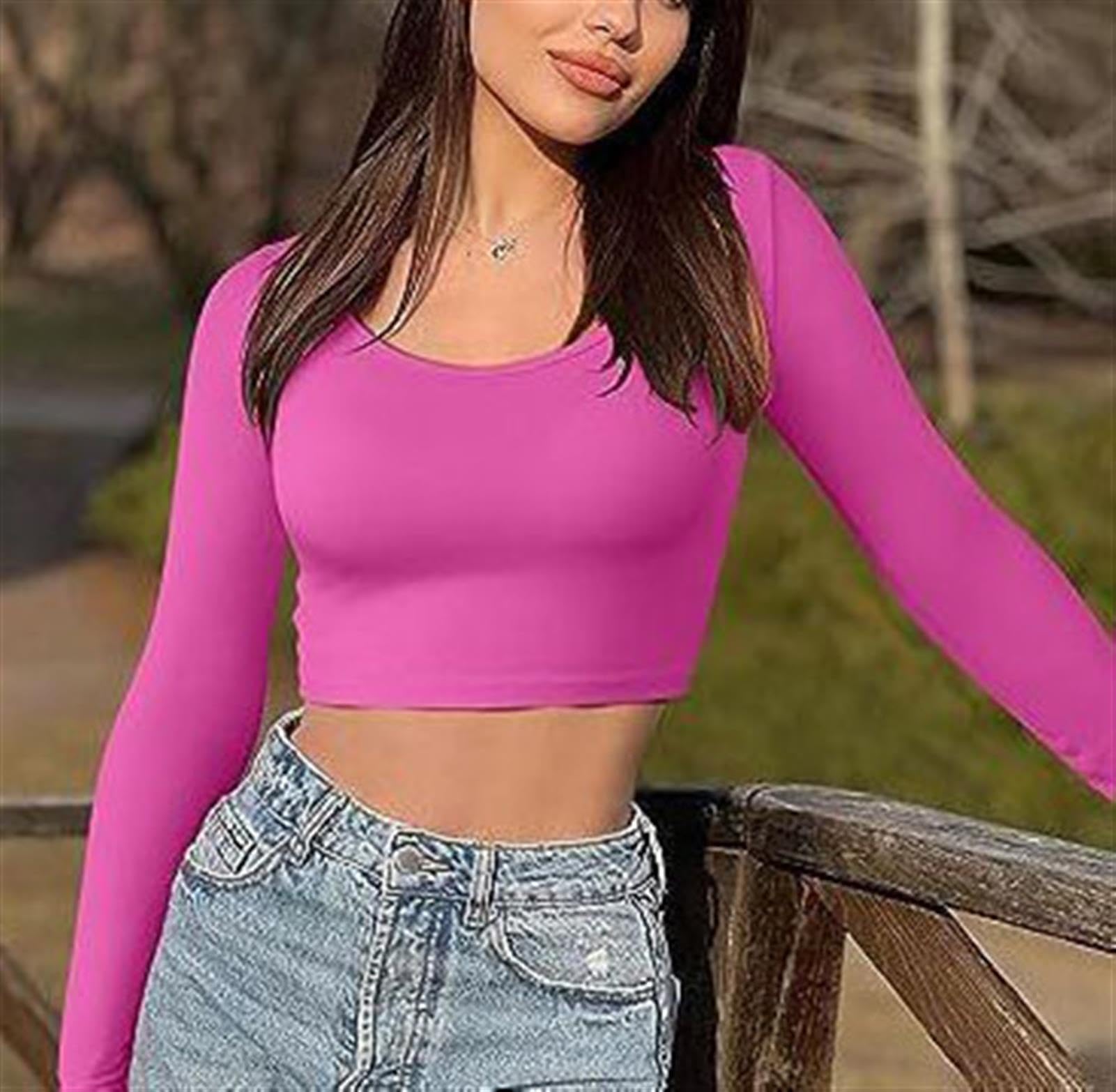 hixswnu 3 Pack de Las Mujeres de Cuello Cuadrado Tops, Manga Larga Crop Top Slim Fit Cropped Shirts Casual Basic Deportes Tees,002,S