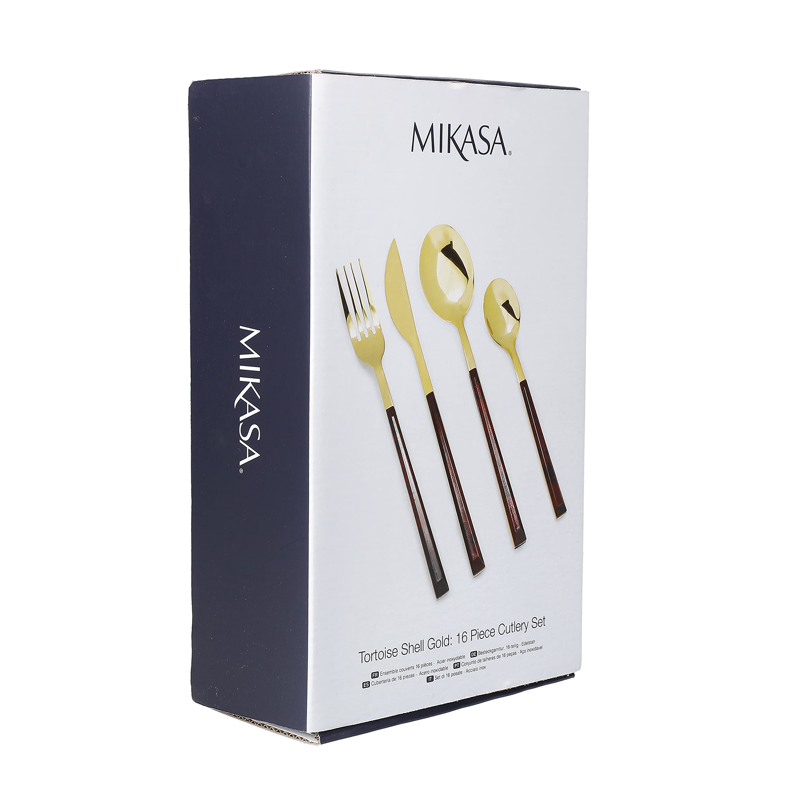 Mikasa Juego de Cubertería, Color Dorado y Falso Caparazón de Tortuga, Tenedores, Cuchillos y Cucharas, Juego de 16 Piezas