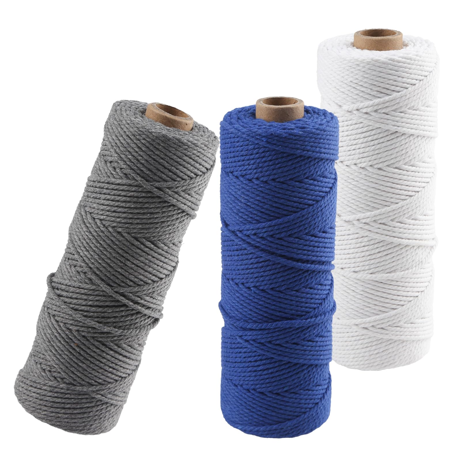 3 Roll Macrame Cord 2mm x 100m, Garden Twine, Garden String, Twine String for Crafts, Natural Cotton Rope for Wall Hanging, Plant Hangers (White-Blue-Grey)